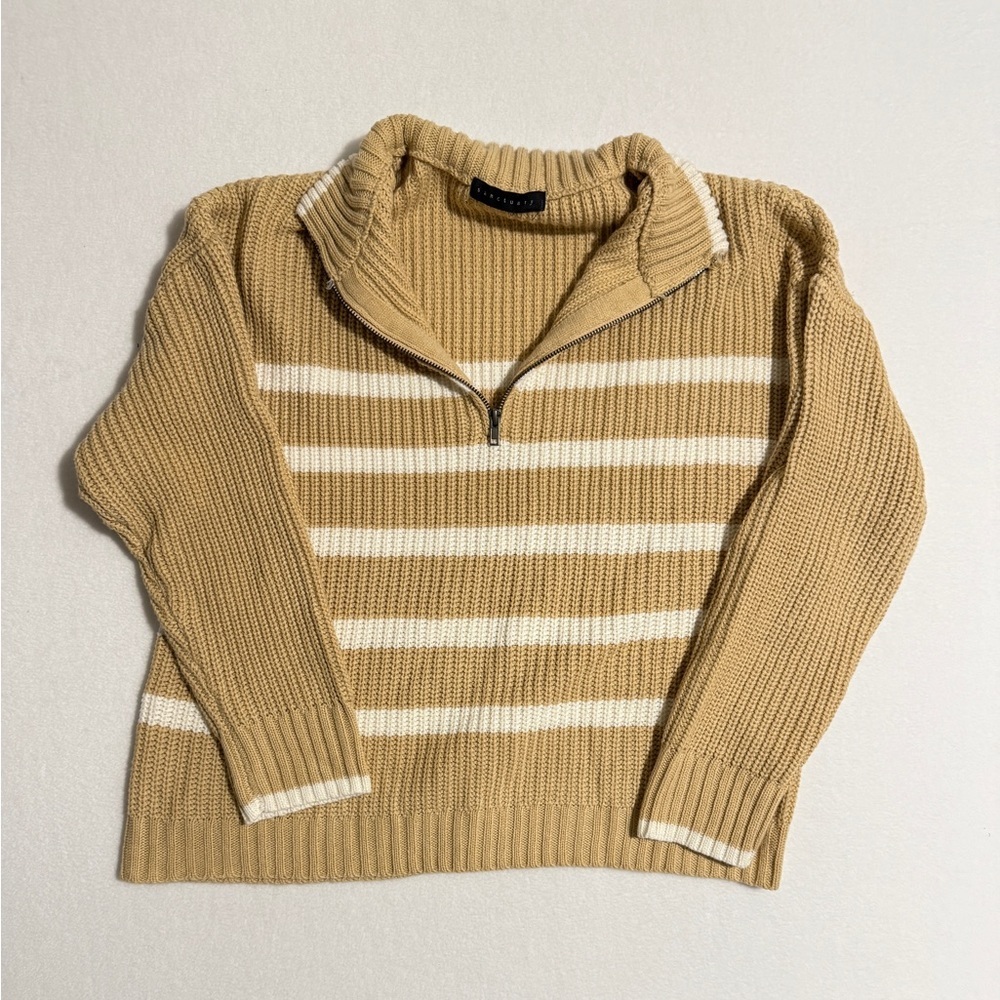 Sanctuary Size M Tan and White Striped Quarterzip Sweater